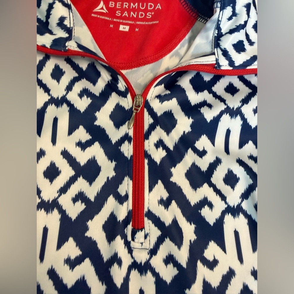 Bermuda Sands Quarter Zip Pullover Blue White Print Athletic Golf Top Medium - Picture 4 of 9